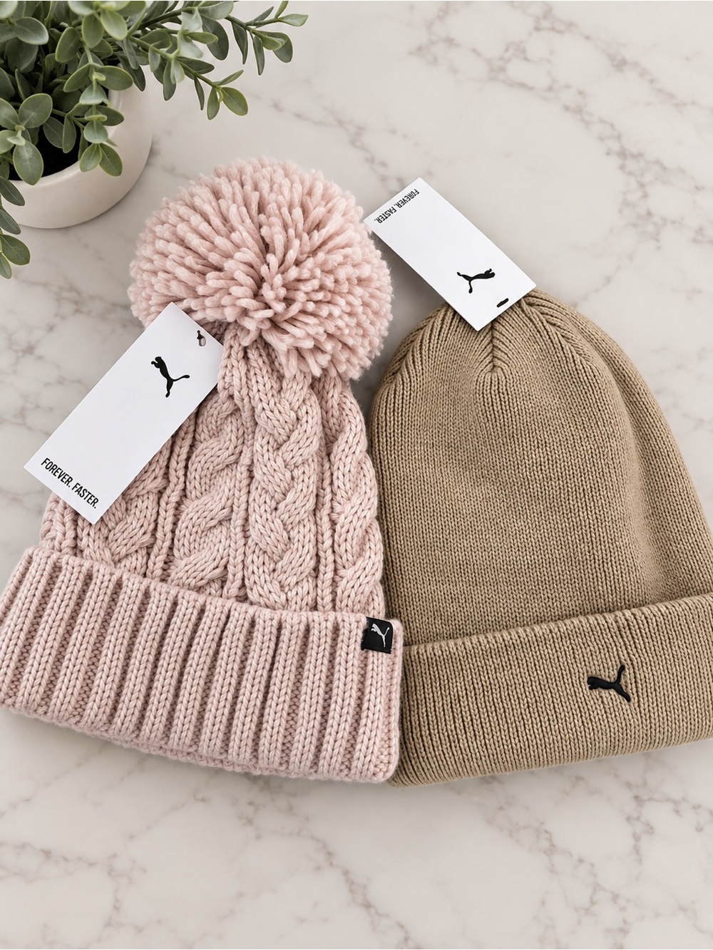 PUMA Women’s Beanie Hat Bundle – Pink Pom Pom & Beige Knit – NWT